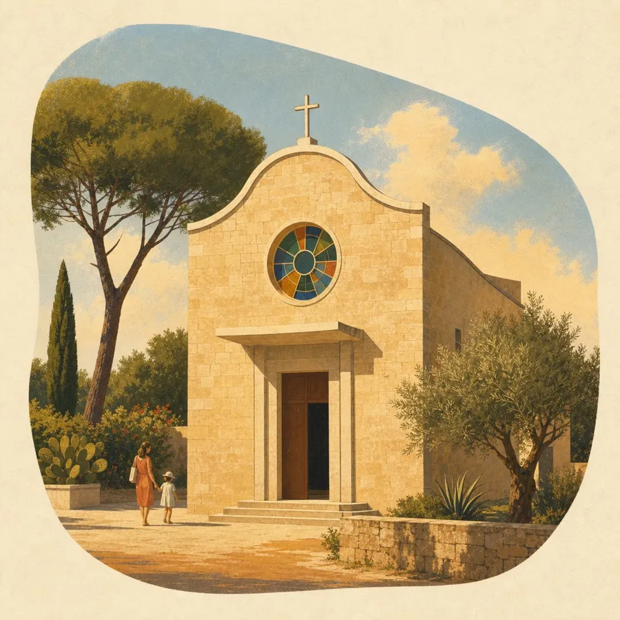 The colored circular window and softly curved fronton