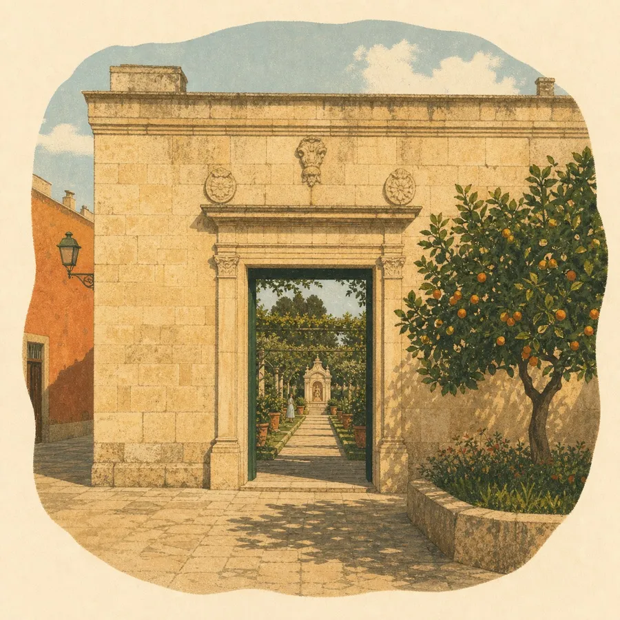 The sober Renaissance exterior and the axial garden glimpsed beyond