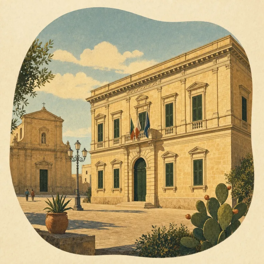 The formal civic façade facing the church across the square