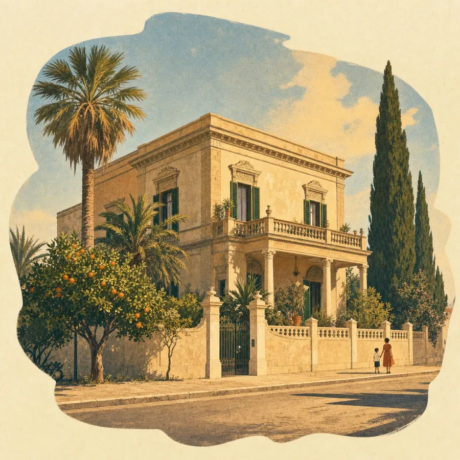 The freestanding villa form at the edge of the historic route